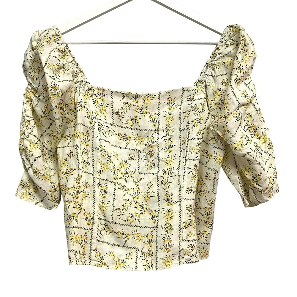 Joie Blouse Womens Large White Yellow Floral Linen Square Neck Puff Sleeve Boho
